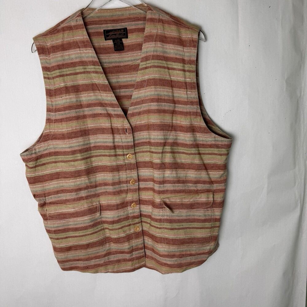 Vintage Eddie Bauer Vest Womens L Linen Striped Boho 80’s 90’s Cottagecore Cute
